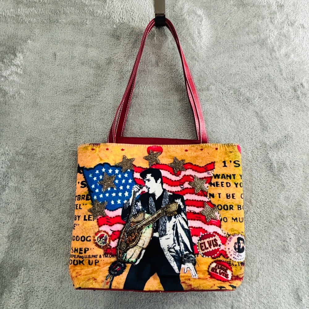 Ashley M Elvis‎ Presley Beaded Tote Bag Purse American Flag Red Multi Patriotic